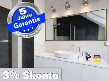 Preview: Infrarot Spiegelheizung Bad 900 Watt ESG Glas 140x60 Rahmen Messing