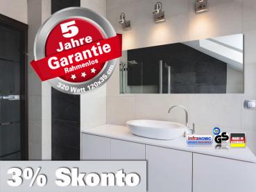 Preview: Infrarot Spiegelheizung Bad 320 Watt ESG Glas Rahmenlos 120x35 slim