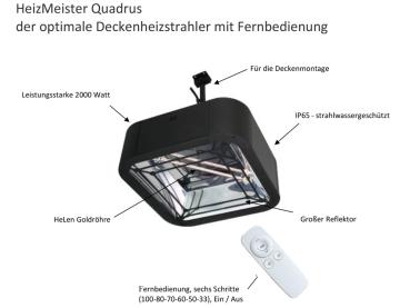Preview: infrarot Heizstrahler HeizMeister Quadrus 2KW für Deckenmontage mit FB