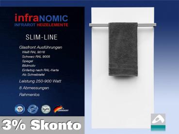 Infrarotheizung Rahmenlos slim-line mit Handtuchhalter in 5 Größen Front Glas weiß