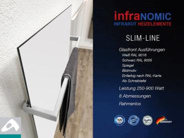 Preview: Infrarotheizung Rahmenlos slim-line mit Handtuchhalter in 5 Größen Front Glas weiß