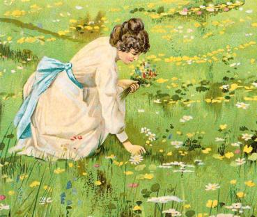 Litho Frau pflückt Blumen Bildauswahl für Bildheizung 70x60