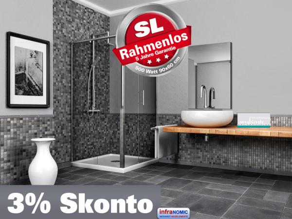 Infrarot Spiegelheizung Bad 500 Watt ESG Glas Rahmenlos 90x60 slim