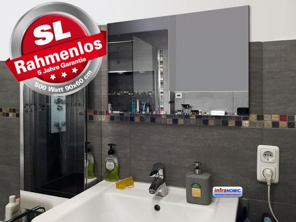 Infrarot Spiegelheizung Bad 500 Watt ESG Glas Rahmenlos 90x60 slim
