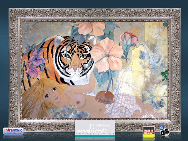 Infrarot Bildheizung Kunst 500 Watt 90x60 Stilrahmen StSi Tigerlilli