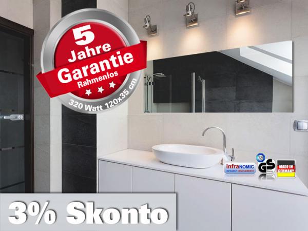 Infrarot Spiegelheizung Bad 320 Watt ESG Glas Rahmenlos 120x35 slim