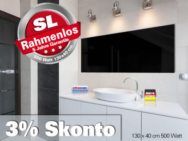 Infrarotheizung Rahmenlos ESG Glas schwarz Heizspiegel 500 Watt 130x40