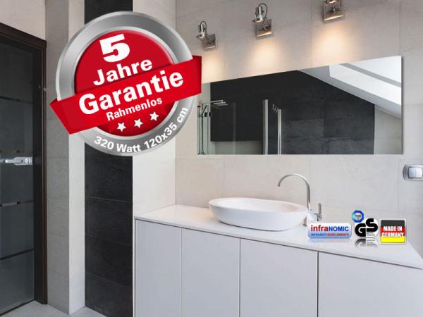 Infrarotheizung ESG Glas weiß und Spiegel 320 Watt Rahmenlos 120x35