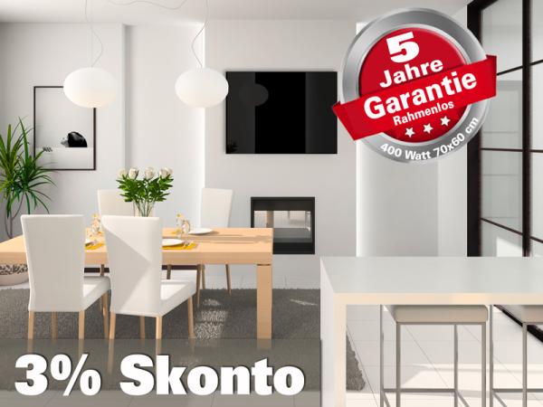 Infrarotheizung ESG Glas schwarz und Spiegel Rahmenlos 400 Watt 70x60