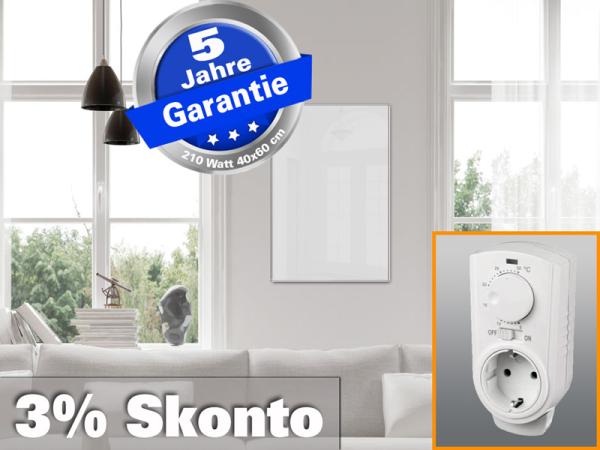 Infrarotheizung ESG Glas weiß mit Thermostat 210 Watt 60x40 M10