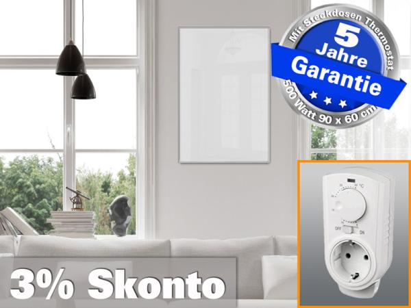 Infrarotheizung mit Thermostat ESG Glas weiß 500 Watt 90x60 M10