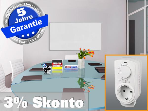 Infrarotheizung mit Thermostat ESG Glas weiß 600 Watt 110x60 M10