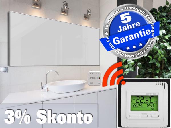 Infrarotheizung mit Funk Thermostat ESG Glas weiß 1400 Watt 200x80 M10
