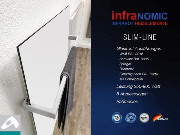 Infrarotheizung Rahmenlos slim-line mit Handtuchhalter in 5 Größen Front Glas weiß