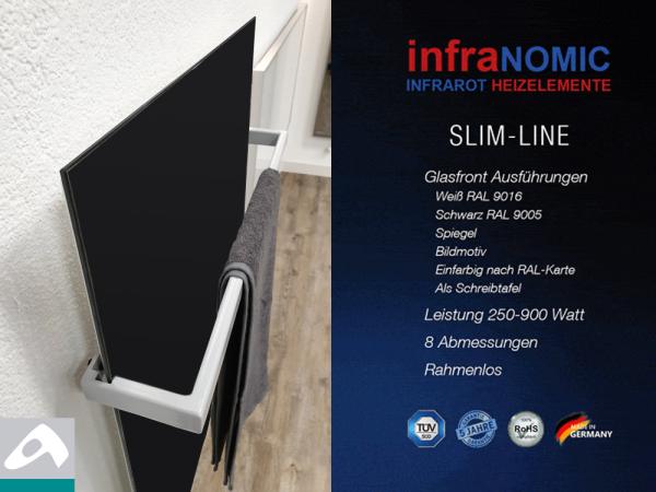 Infrarot Glas Heizkörper Rahmenlos mit Handtuchhalter 5 Größen schwarz
