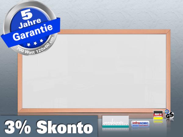 Infrarotheizung 700 Watt ESG Glas weiß 120x60 Holzrahmen HB30 ++